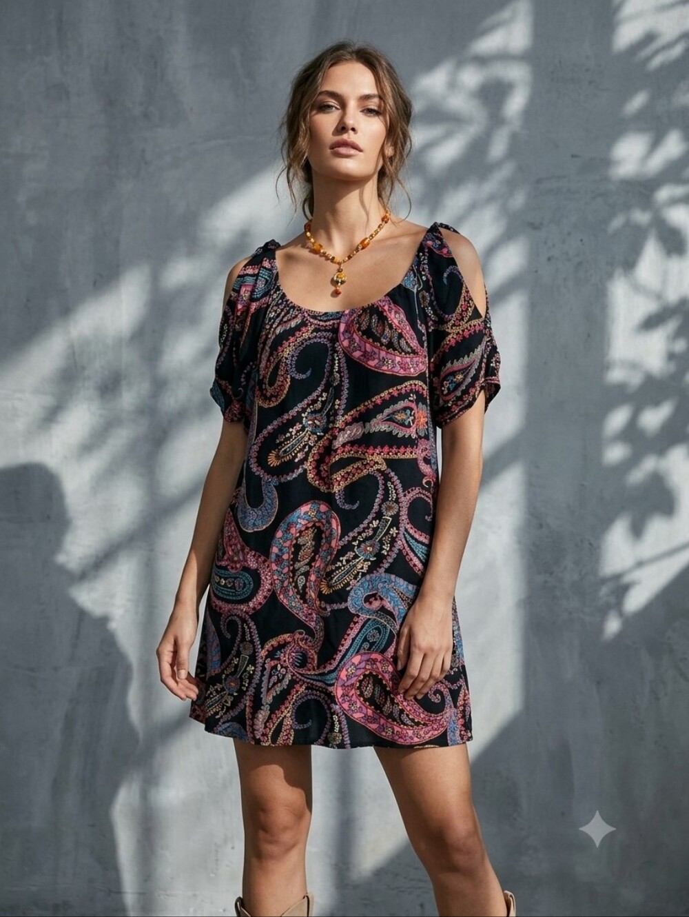 Angie Cold Shoulder Boho Paisley Mini Dress Rayon Festival Tunic Top Small